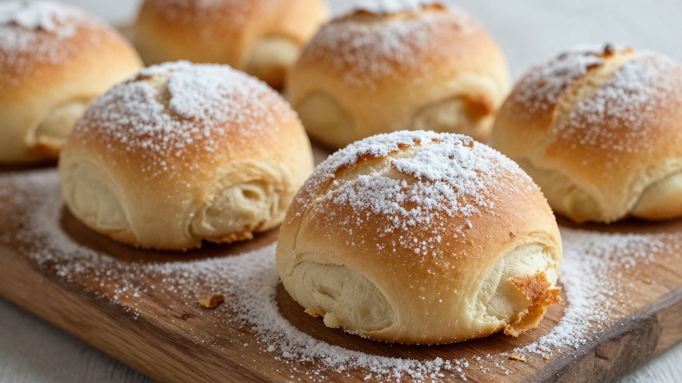 Golden-brown morning rolls dusted with powdered sugar.
