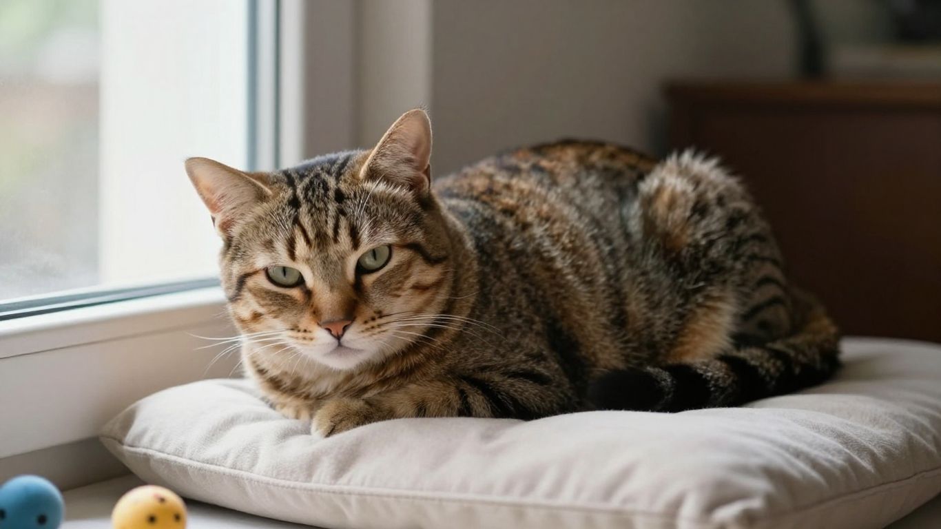Relaxed tabby resting beside a sunlit window