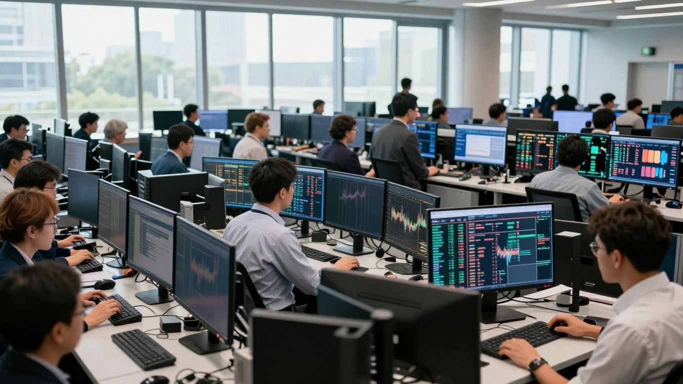Stock exchange trading floor with people and screens.