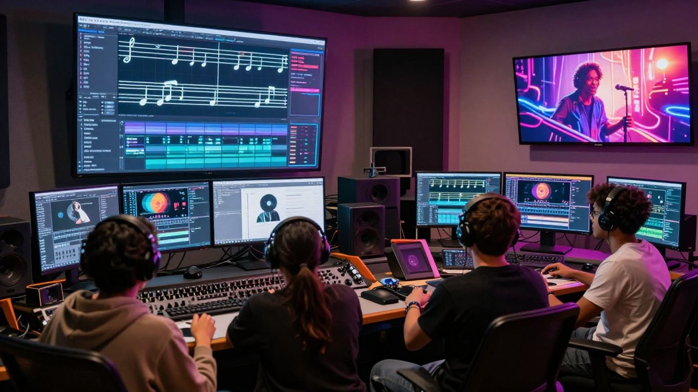 AI music video production studio with creators and screens.