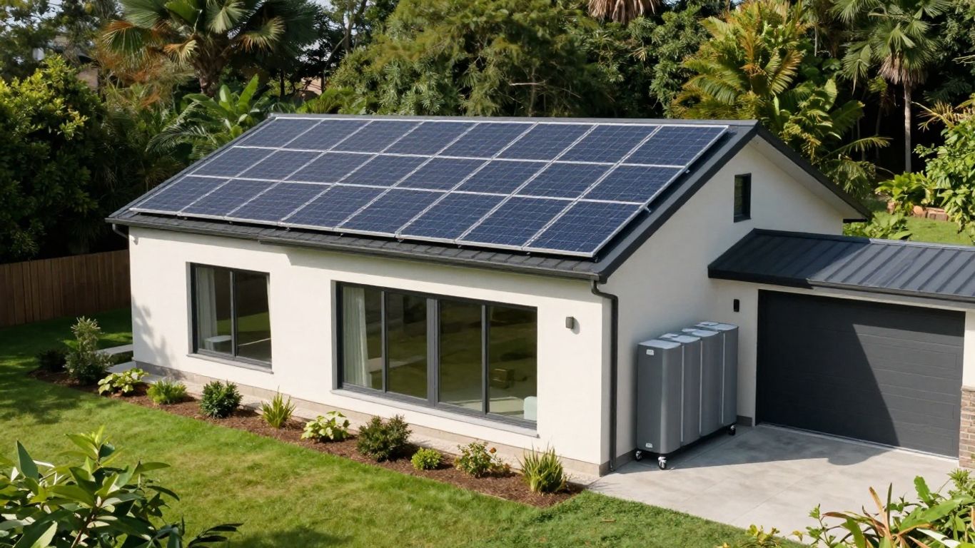 Modern home with solar panels and battery storage.
