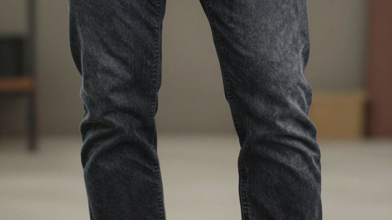 Close-up of stretch cotton jeans showing fabric flexibility.