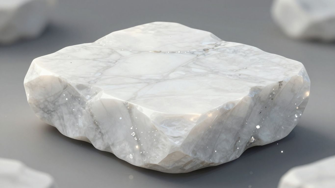 Luminous white Thassos marble slab with sparkling crystal fragments.