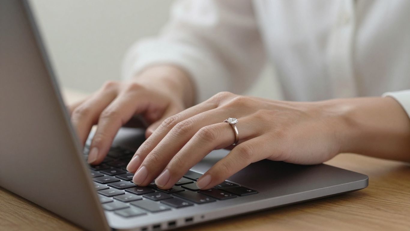 A woman’s hand wearing a delicate, low-profile diamond ring while typing on a laptop, capturing a natural and active daily lifestyle moment.