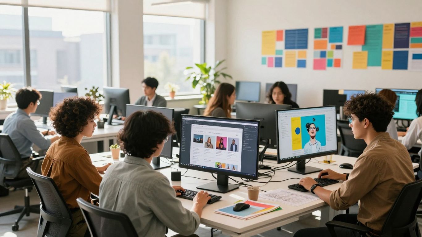 Creative team working in a modern office with digital screens.