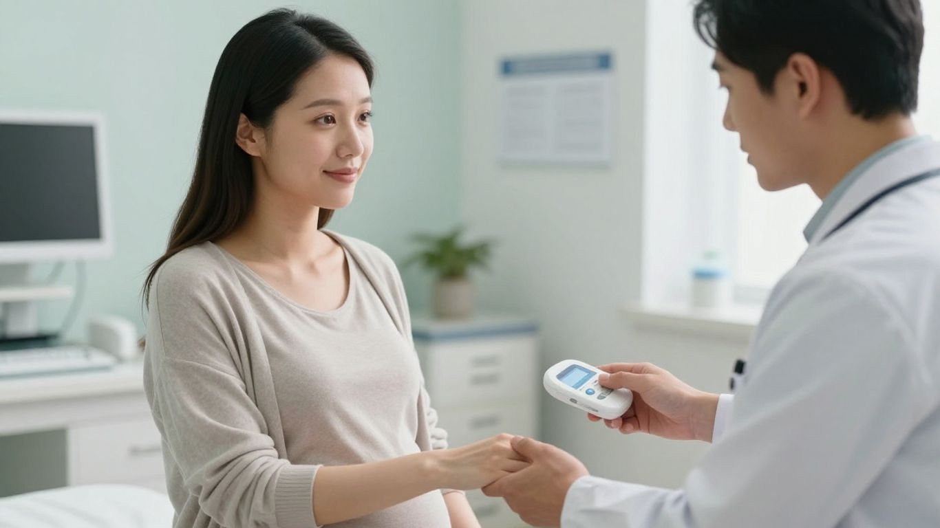 Grávida em consulta médica com profissional de saúde.