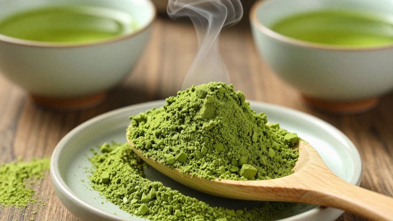 Matcha powder and a bowl of frothy matcha tea.