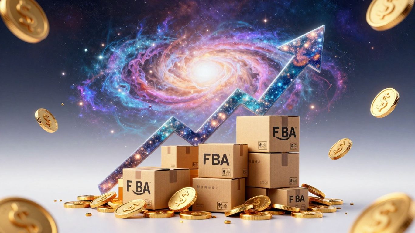 Amazon FBA growth arrow with coins and galaxy.
