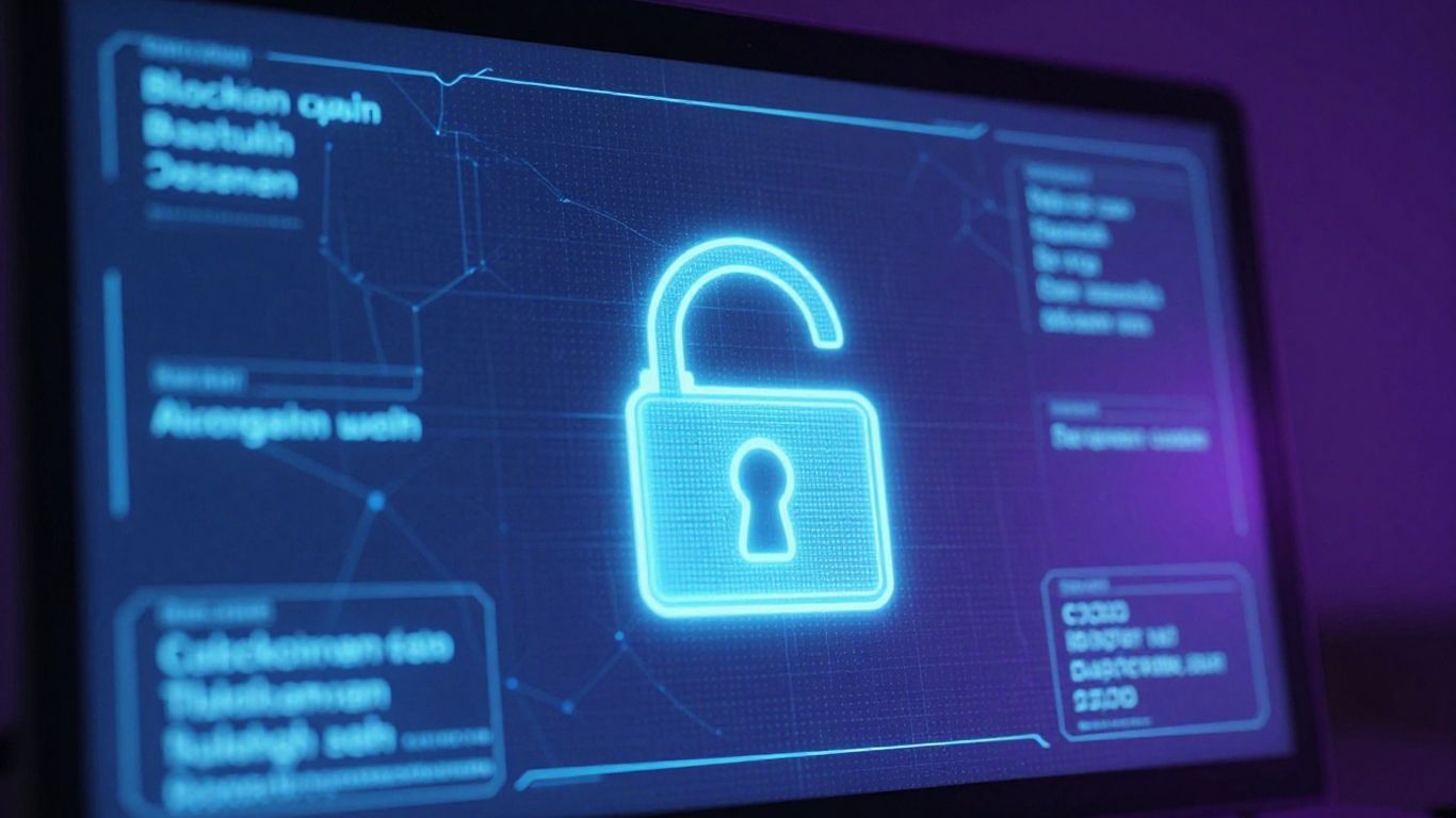 PC screen with digital blockchain wallet and padlock.