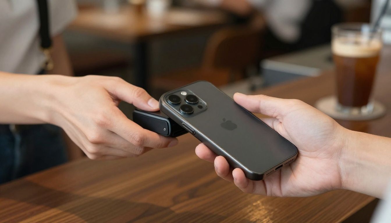 Someone using their iPhone 15 Pro Max with a wallet case attached, tapping their phone to pay at a cafe counter in a typical Australian setting.