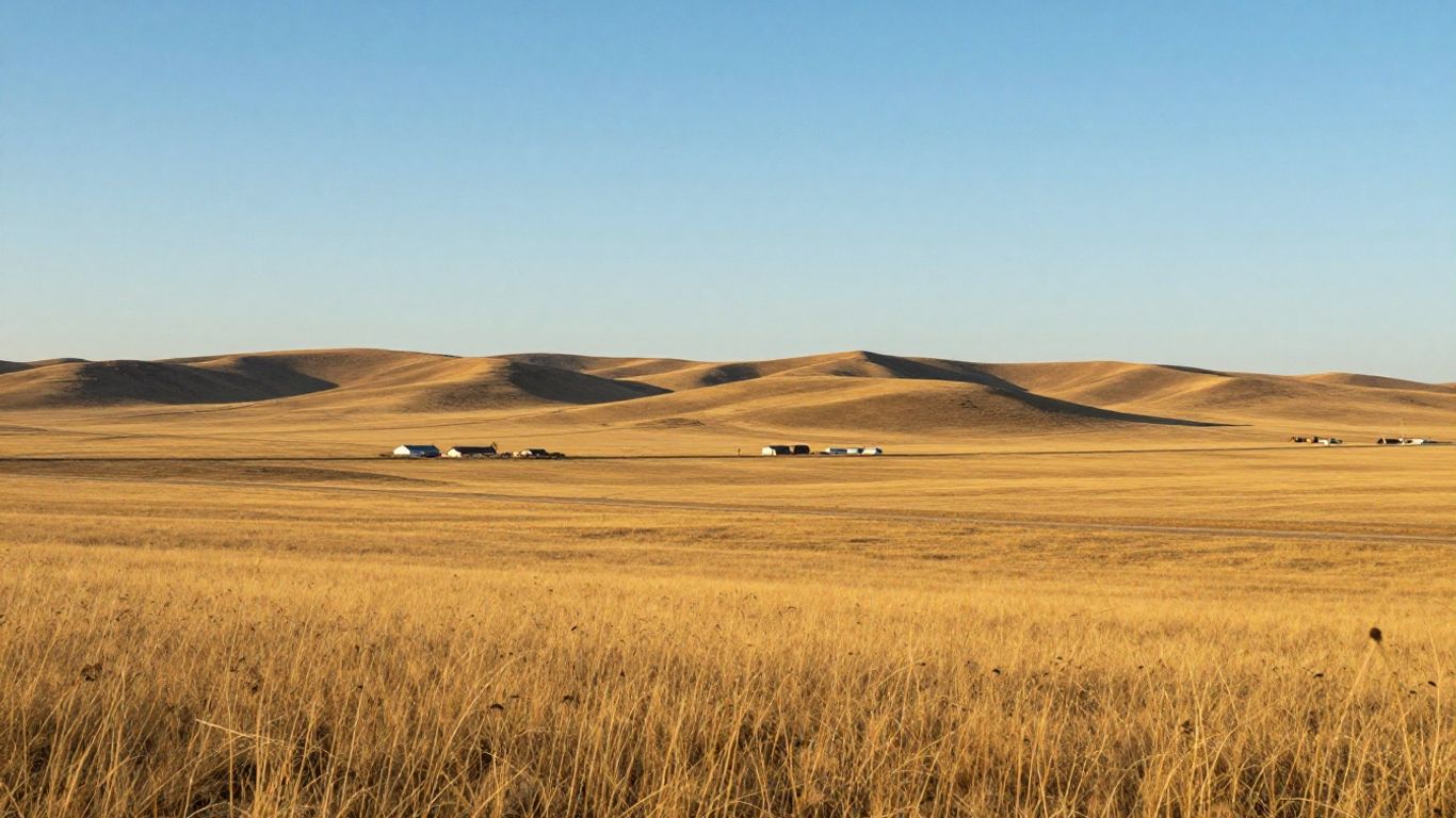 Vast prairie landscape with distant farmhouses and wind turbines.