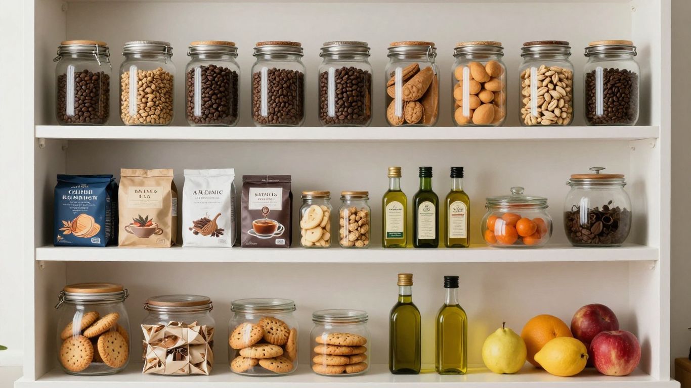 Stocked Airbnb pantry with snacks, drinks, and kitchen essentials.