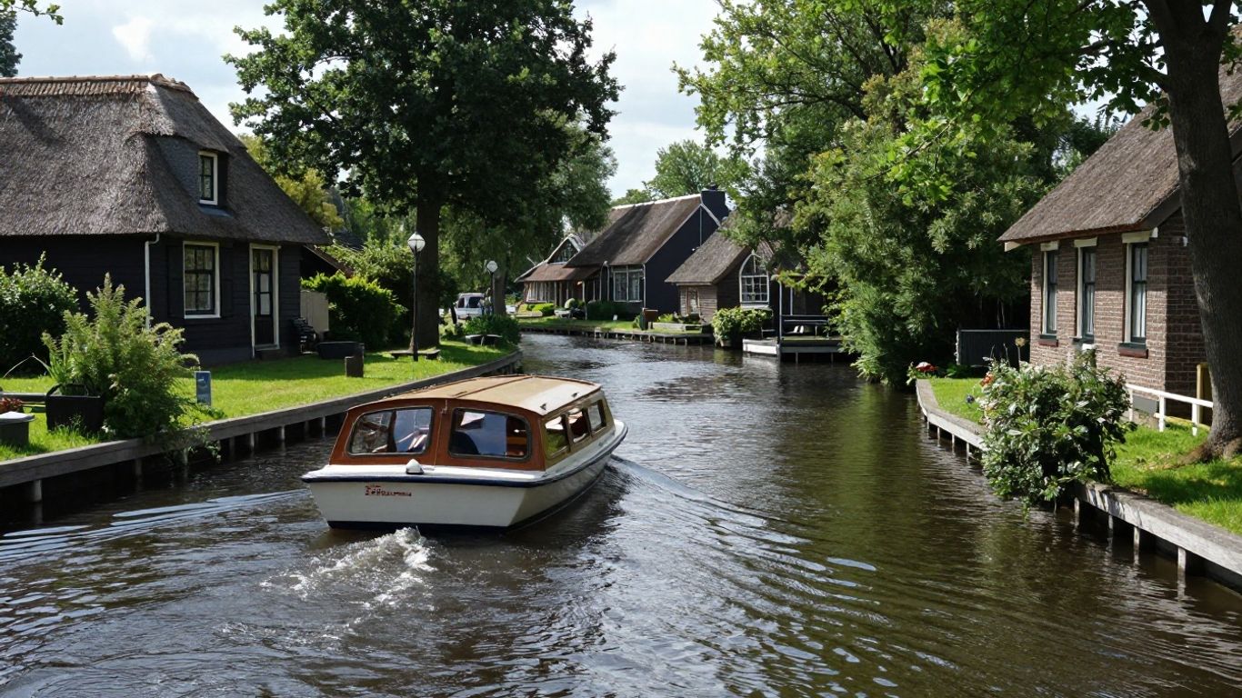 Fluisterboot vaart door rustige gracht in Giethoorn.