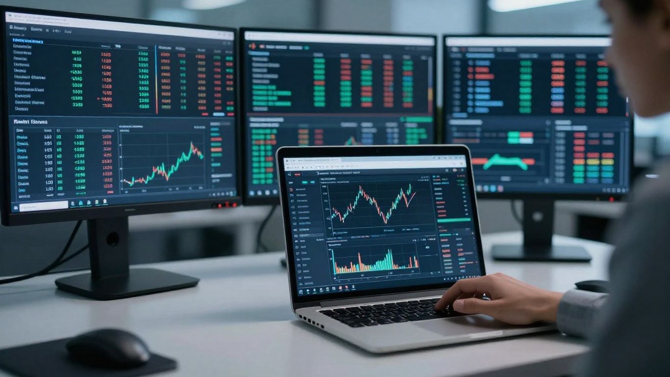 FOREX.com trading desk with monitors and laptop.