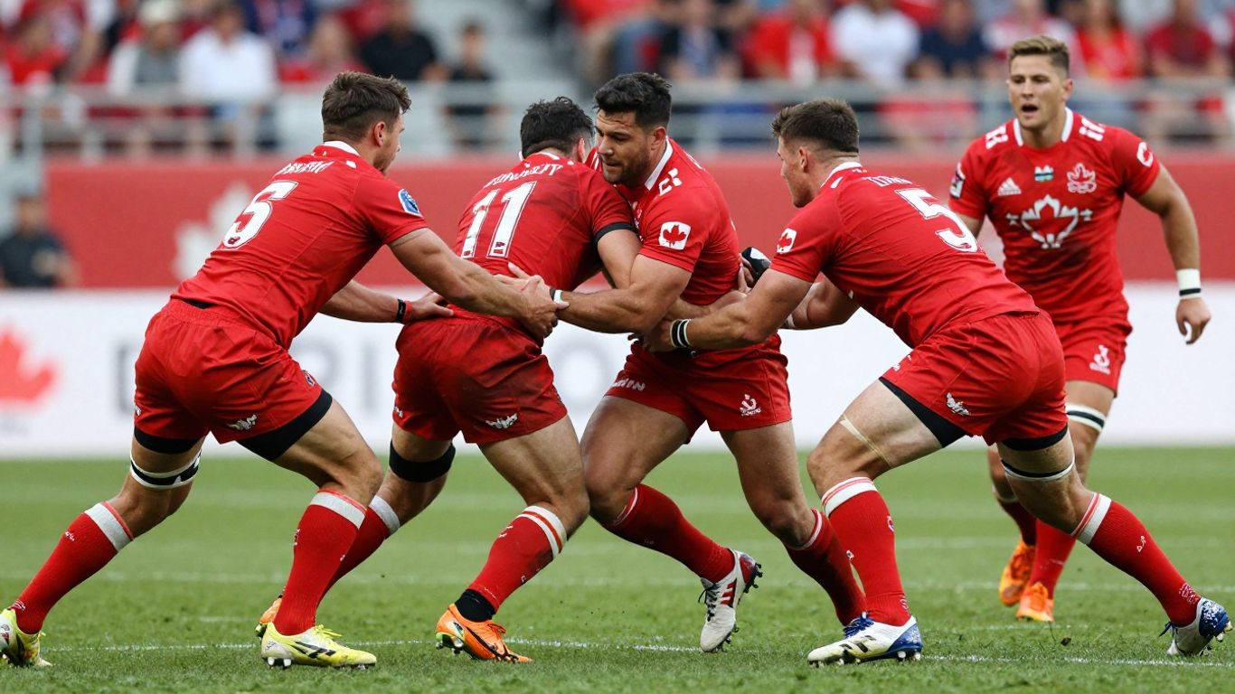 Canadian rugby league team in a scrum on field.