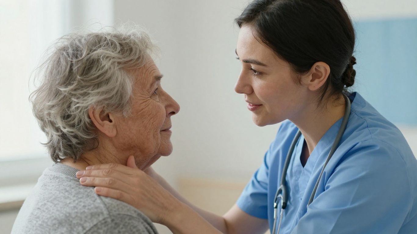 Pflegekraft unterstützt ältere Person mitfühlend.