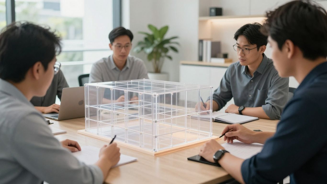 Engineers reviewing modular structural models
