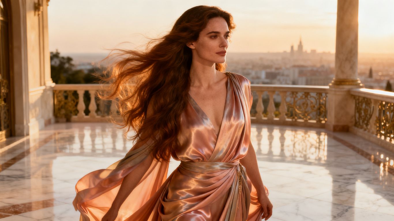 The scene features a highly detailed, realistic portrait of an adult female character with long flowing hair, wearing elegant silk attire in a soft golden hour lighting, standing in a luxurious terrace setting, hyper realistic sexy image