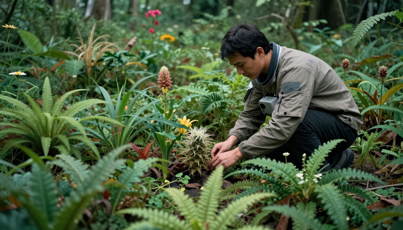 Um astronauta explorando um planeta alienígena colorido com vegetação exótica