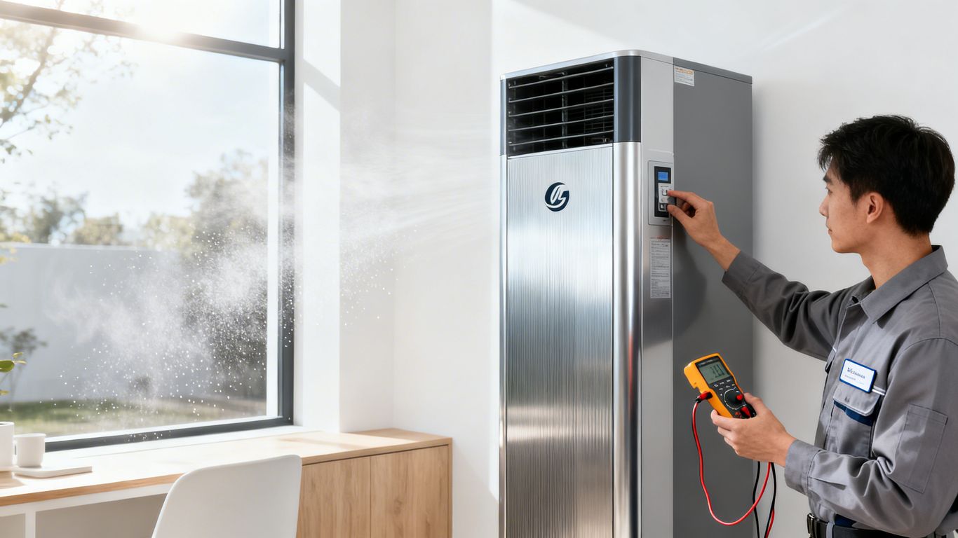 HVAC unit maintenance in a clean home interior.