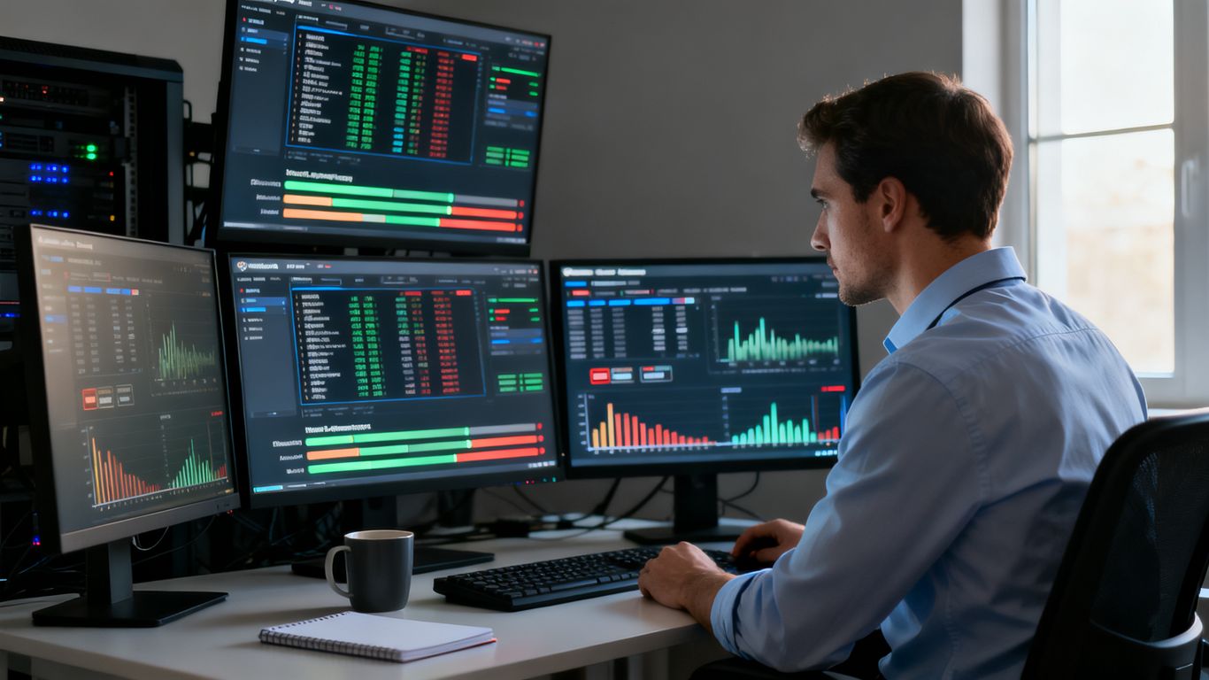 An engineer monitoring technical screens at a desk