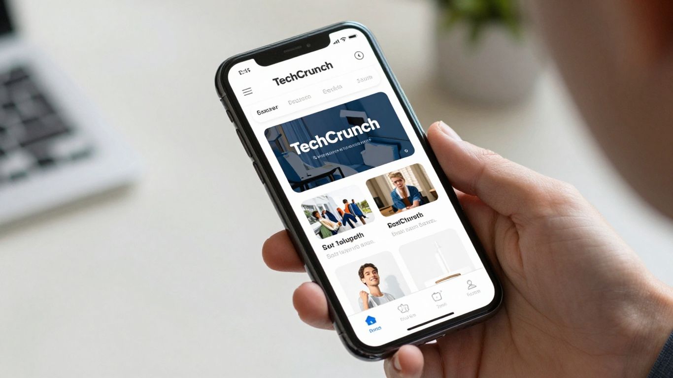 Person holding smartphone with TechCrunch app open.