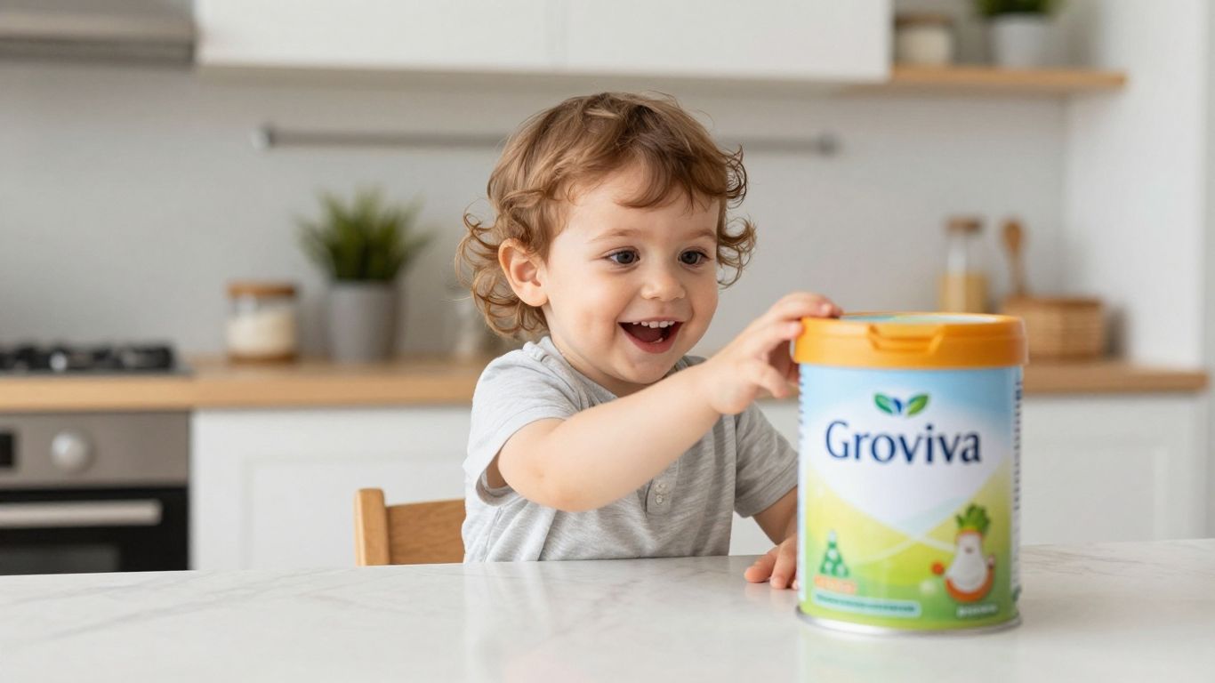 Toddler reaching for Groviva Powder container.