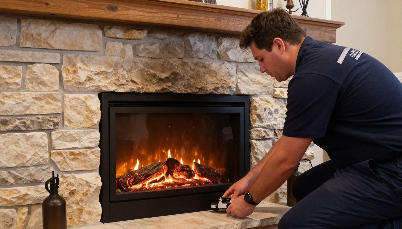 A certified technician in a Direct Air Systems uniform carefully installing a gas fireplace insert into a stone fireplace surround.