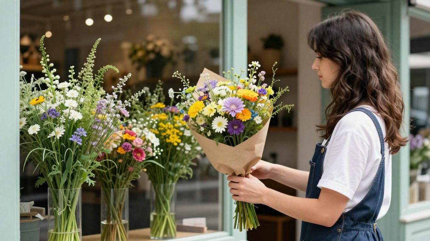 A customer selecting fresh flowers from a local shop