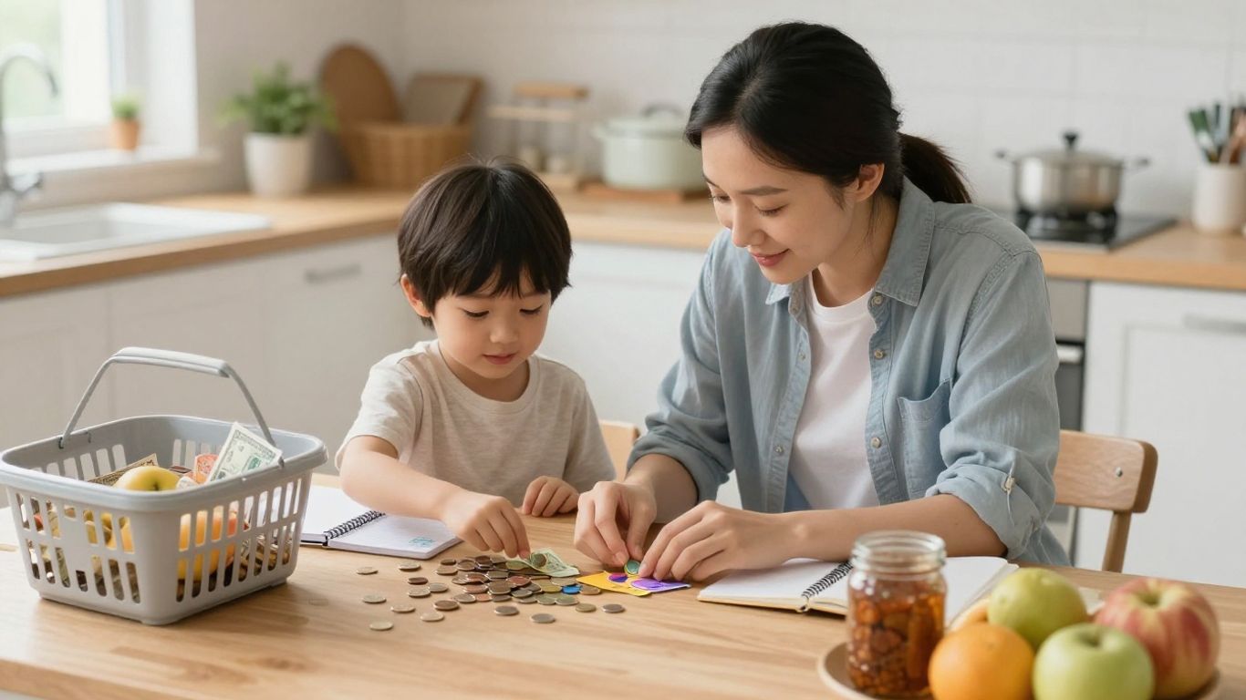 Niño y adulto organizando monedas en casa