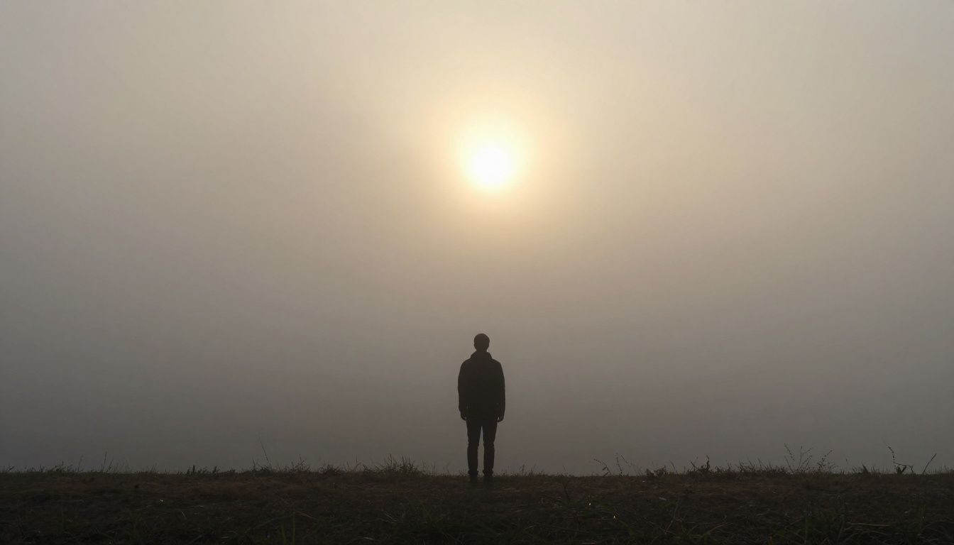 A person stands at the edge of a dense fog, with the sun beginning to break through the clouds, symbolizing clarity and hope emerging from confusion.
