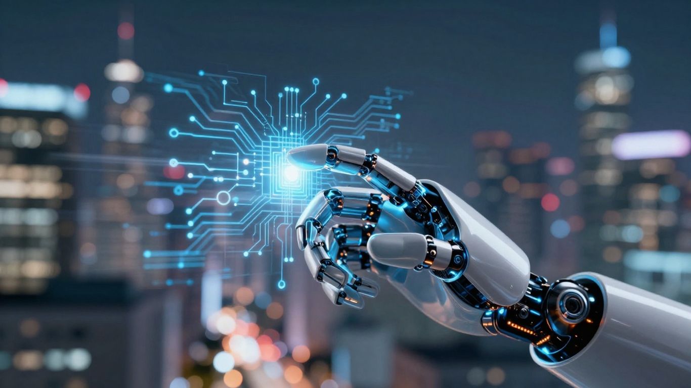 Robot hand interacting with digital circuits, futuristic cityscape background.