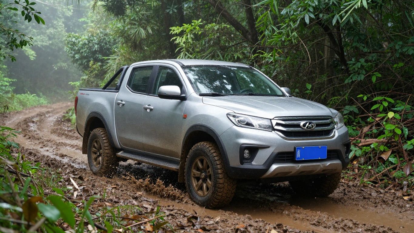 A SsangYong Musso driving through a muddy off-road forest trail
