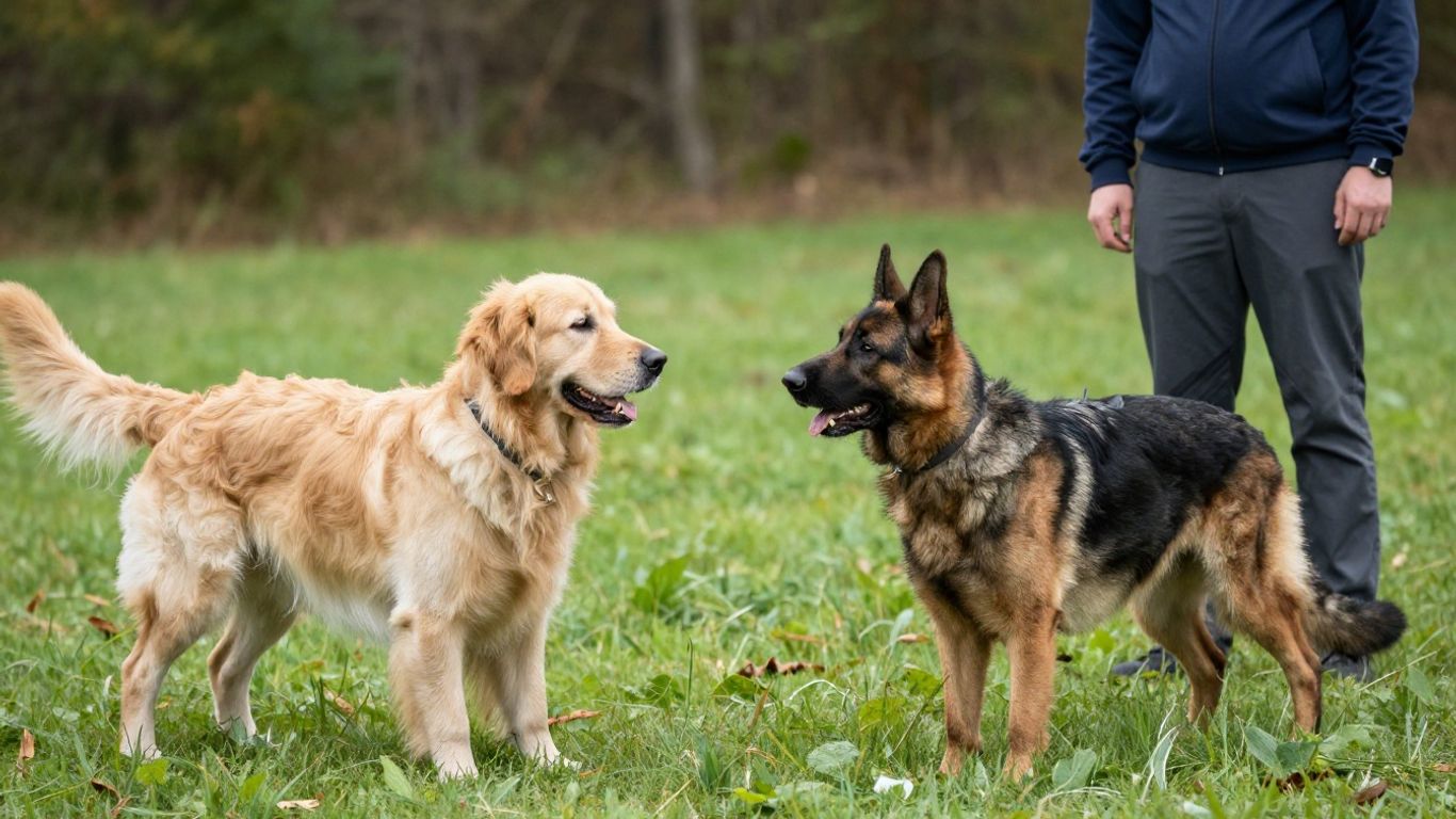 Two dogs interacting calmly outdoors with a handler.
