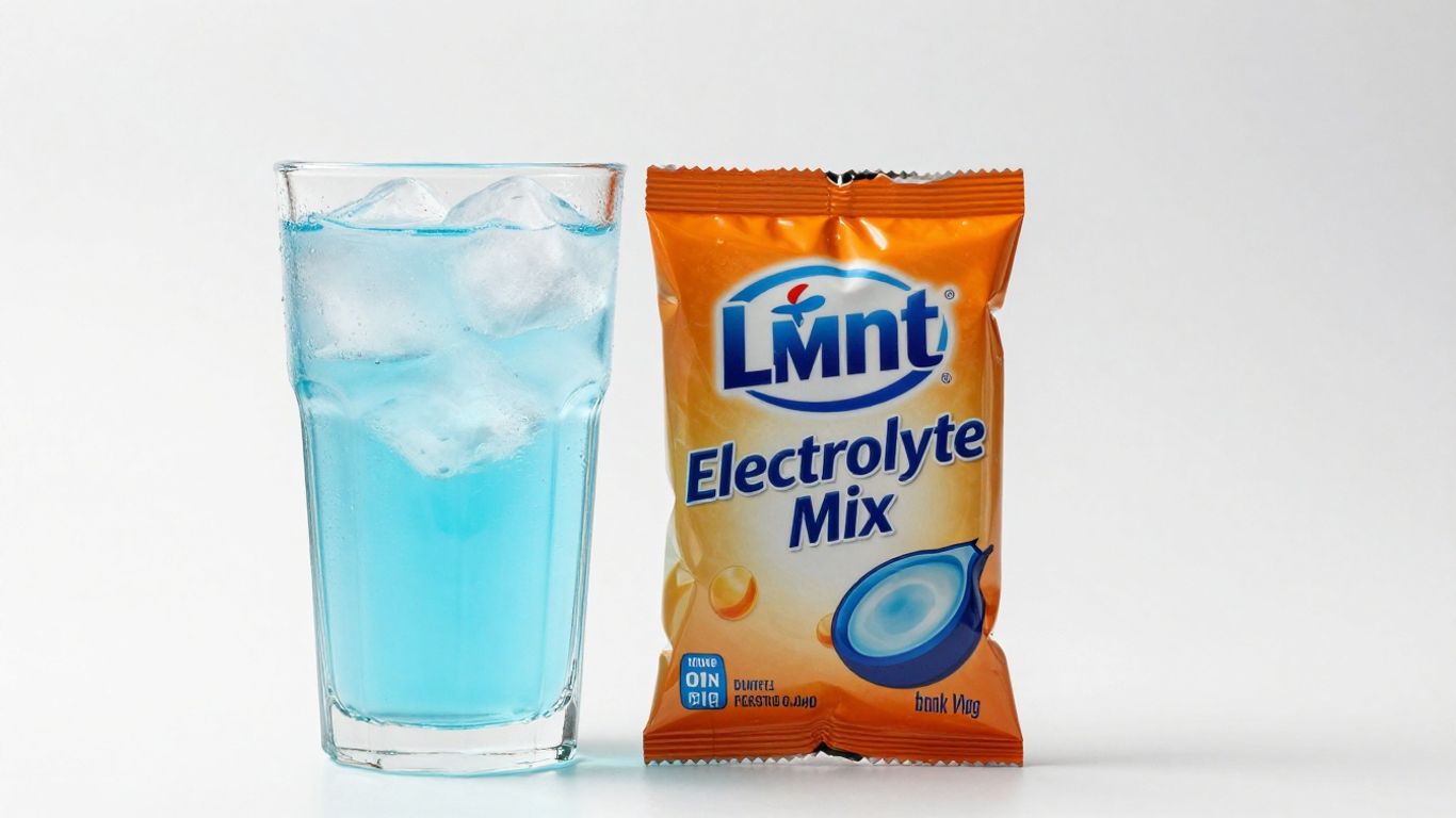 Lmnt electrolyte powder packet and a glass of blue hydration drink.