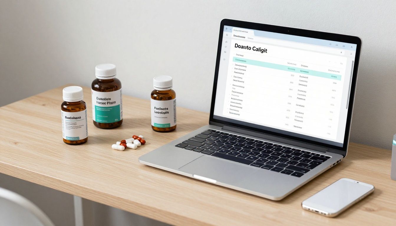 A clean, modern health-tech desk setup with laboratory results, a smartphone displaying a sleek biochemical tracking interface, and organized supplement vials