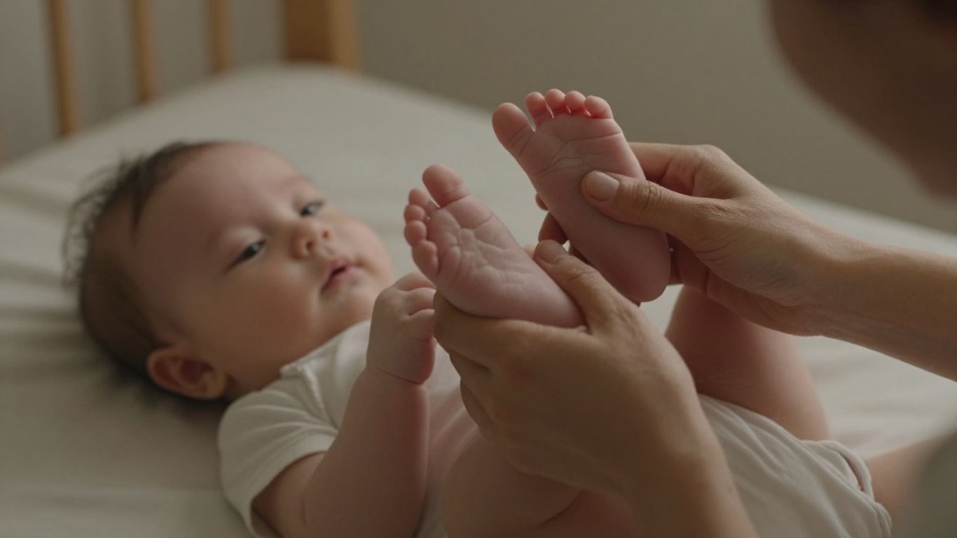 Madre masajeando los pies de su bebé con ternura.