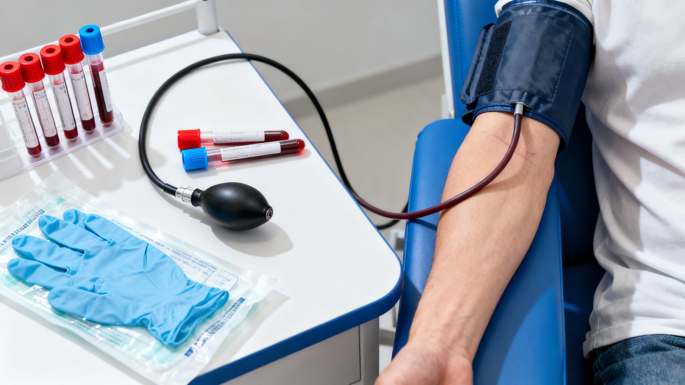 Clinical blood testing materials beside a blood pressure cuff