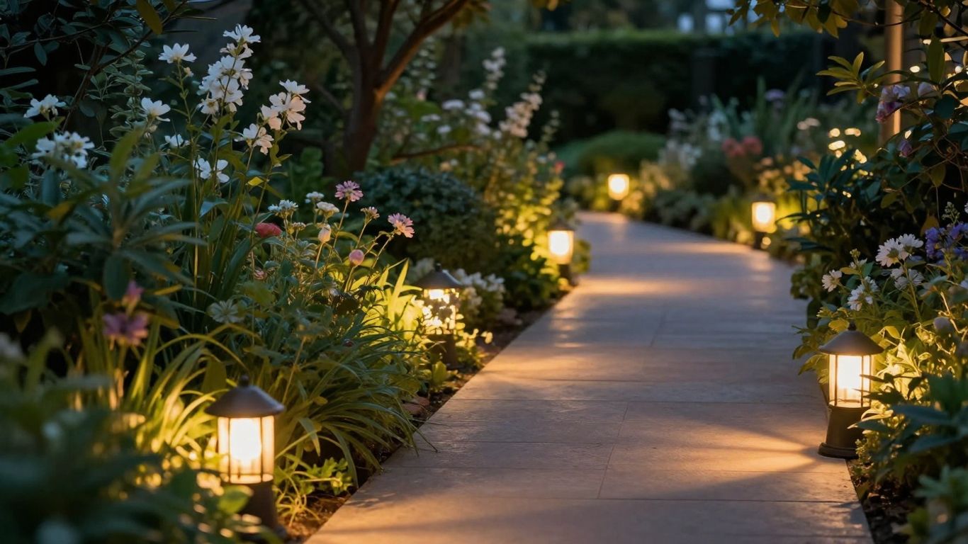 Low voltage garden lights illuminating a path at dusk.