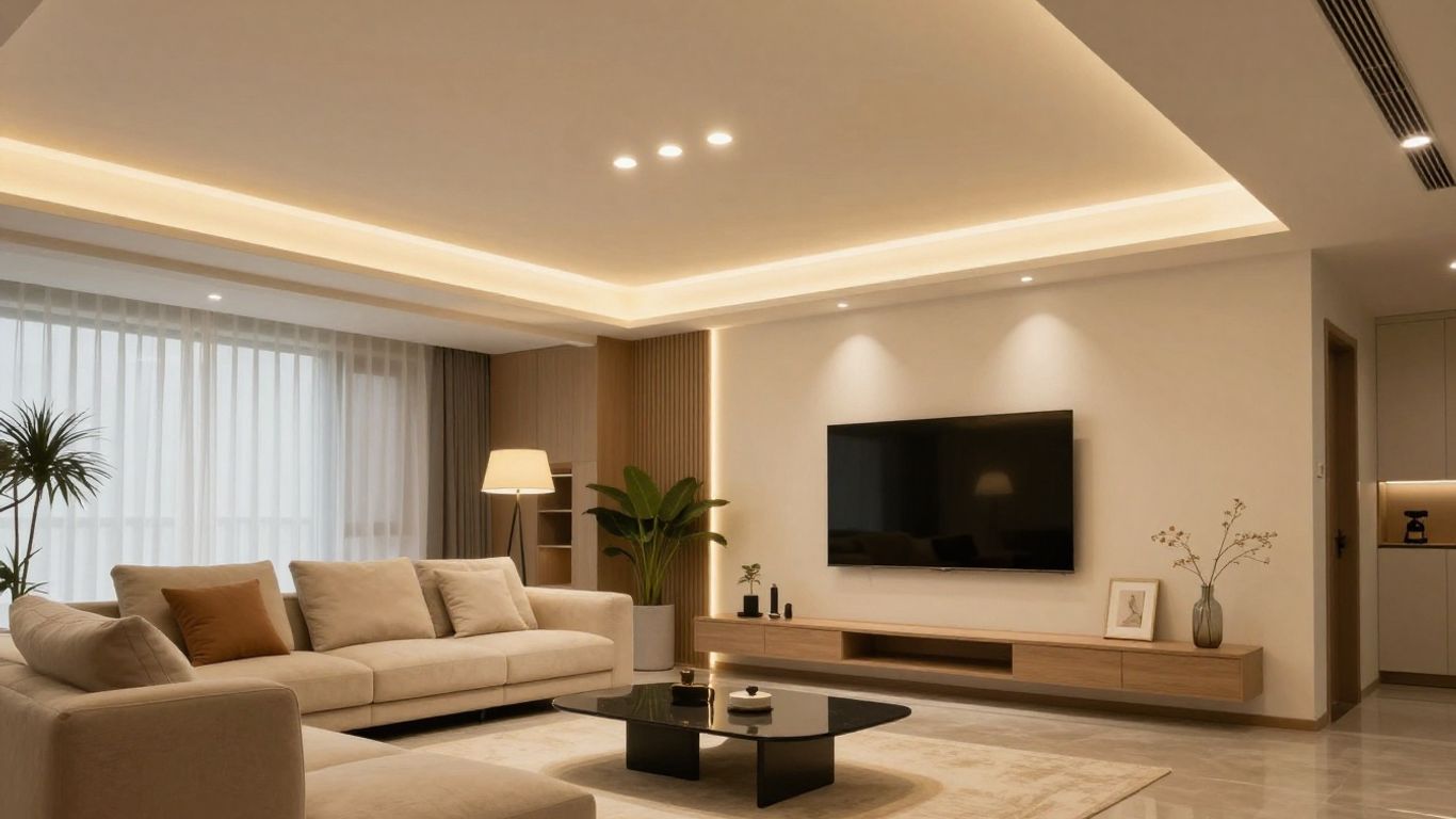 Modern living room with bright LED ceiling lights.