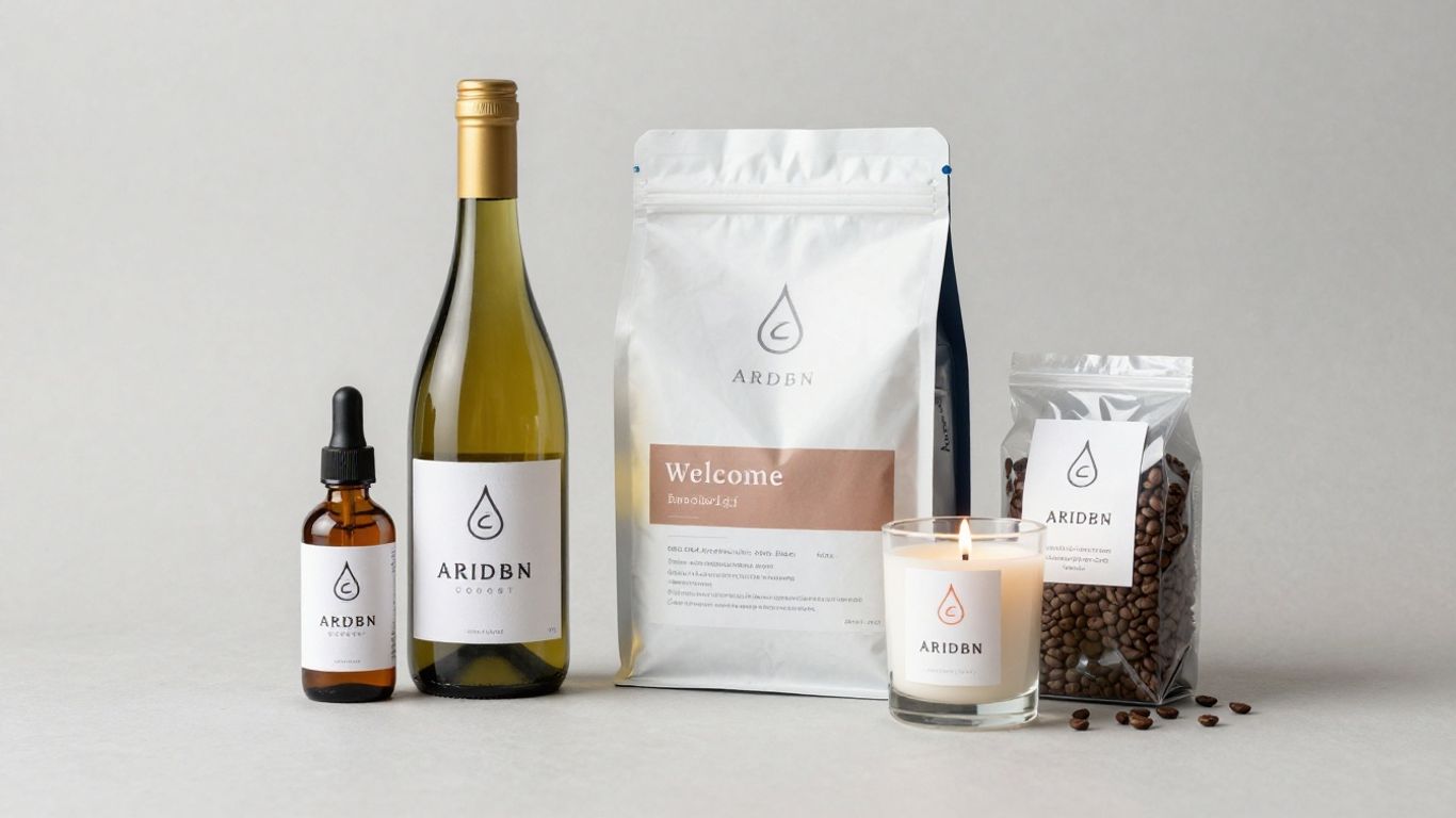 Airbnb welcome kit contents with wine, coffee, candle, and toiletries.