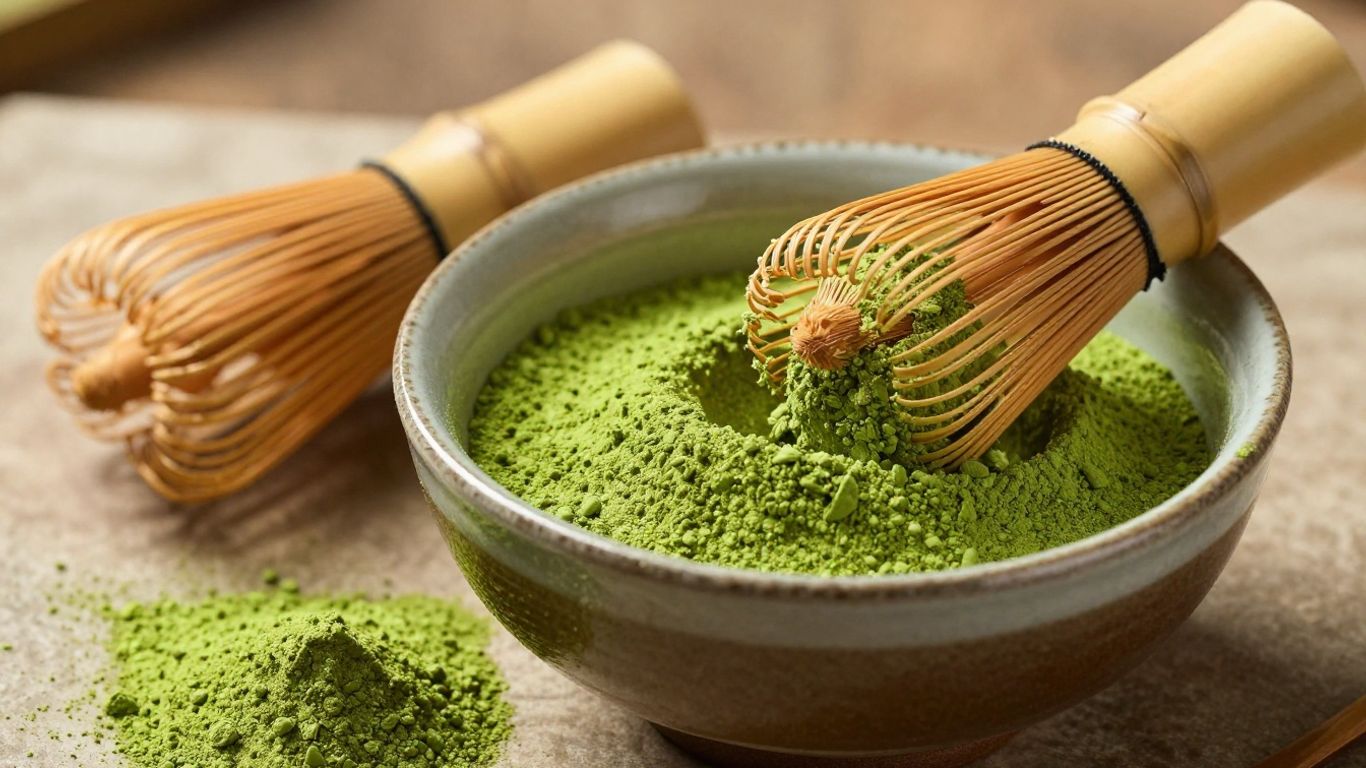 Premium Japanese matcha green tea powder in a ceramic bowl.