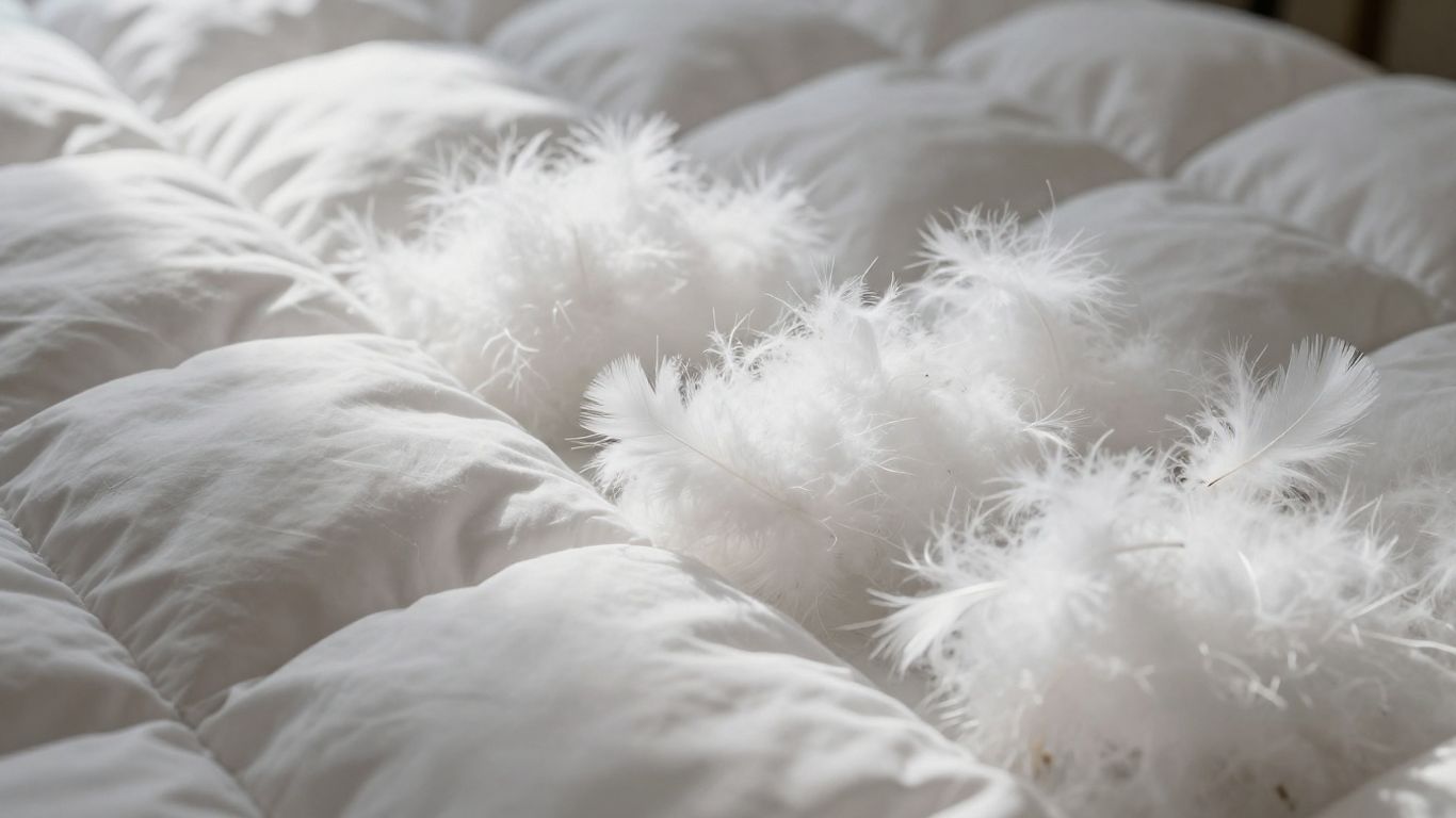 Fluffy down feathers filling a quilted comforter.
