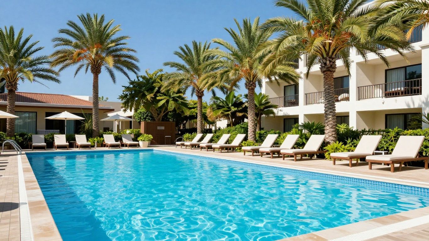 Oaks Sunshine Coast resort pool with palm trees and lounge chairs.