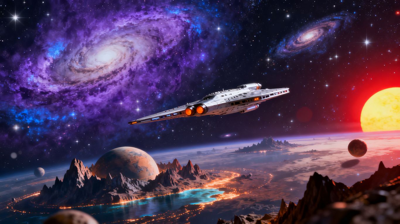 Cosmic vista with spaceship and alien planets.