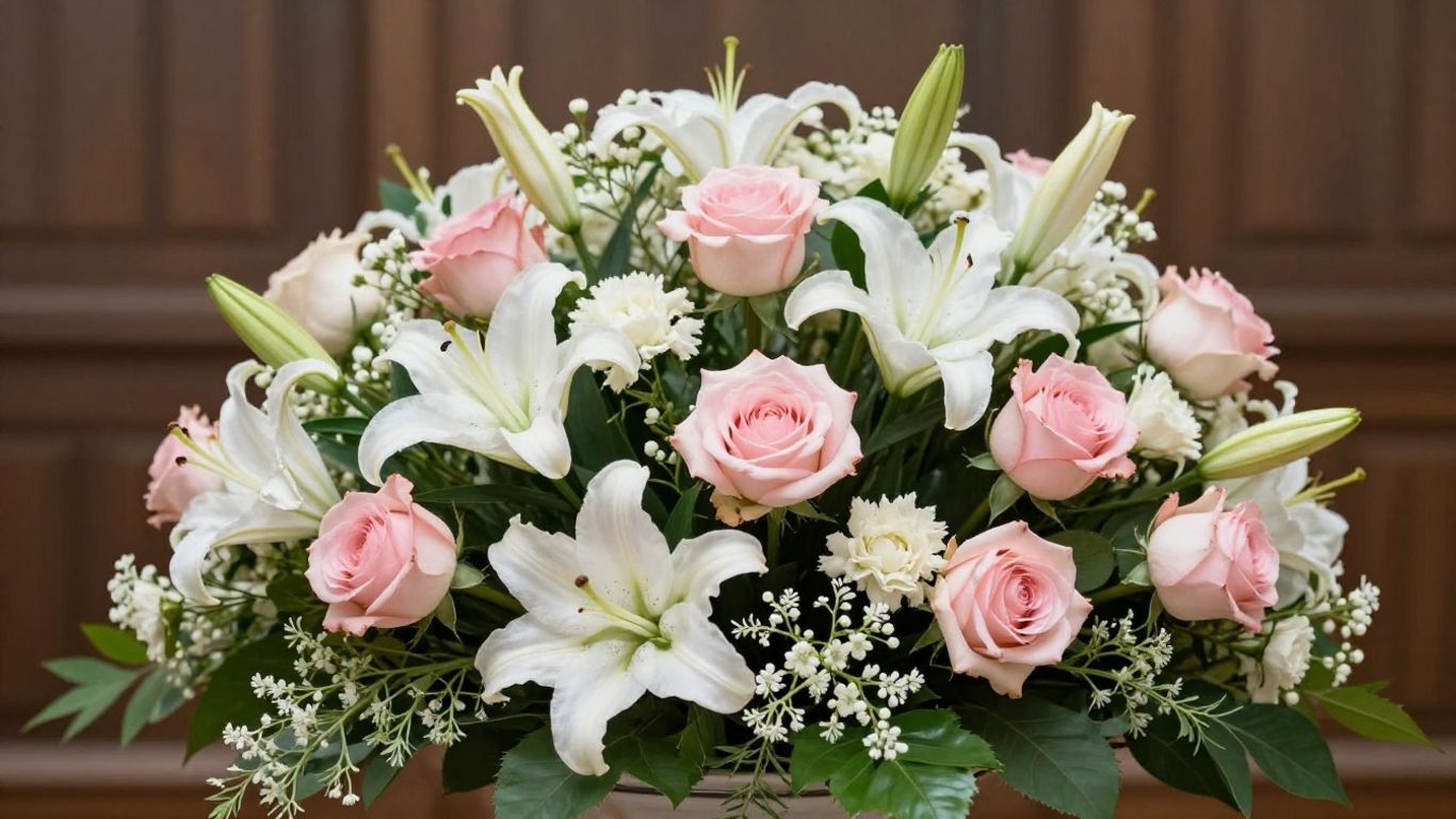 Funeral flower arrangement with lilies and roses.