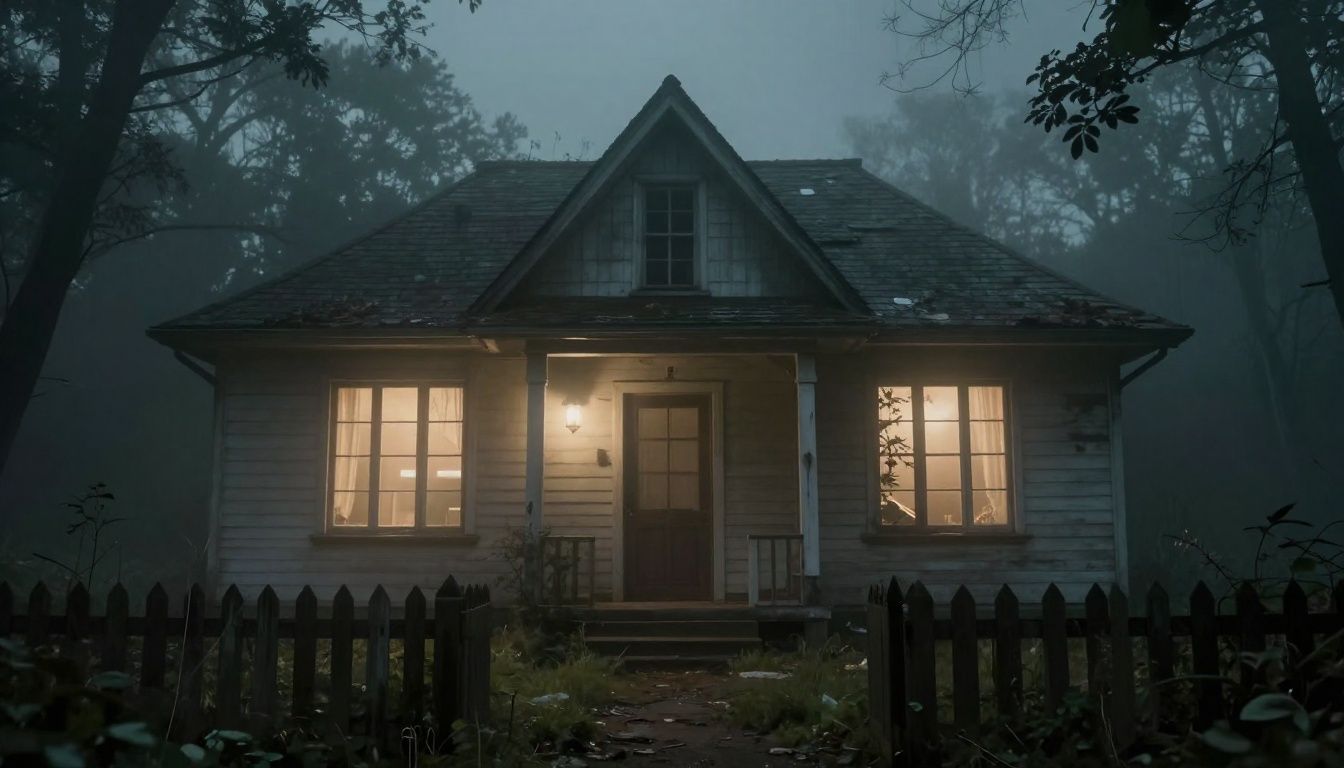 Casa abandonada e sombria de Nowhere House, com janelas iluminadas, neblina e uma atmosfera de terror e mistério