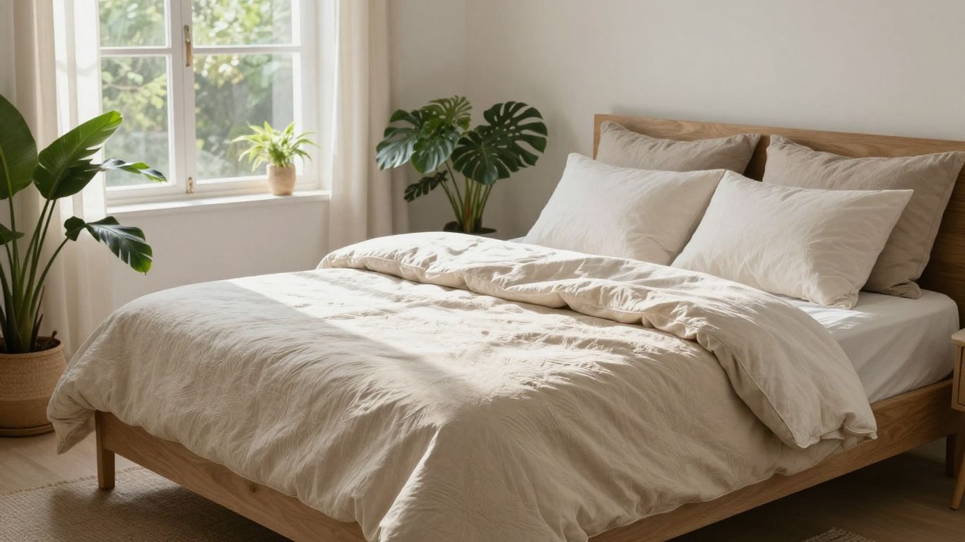 Comfortable bed with organic bedding in a sunlit room.