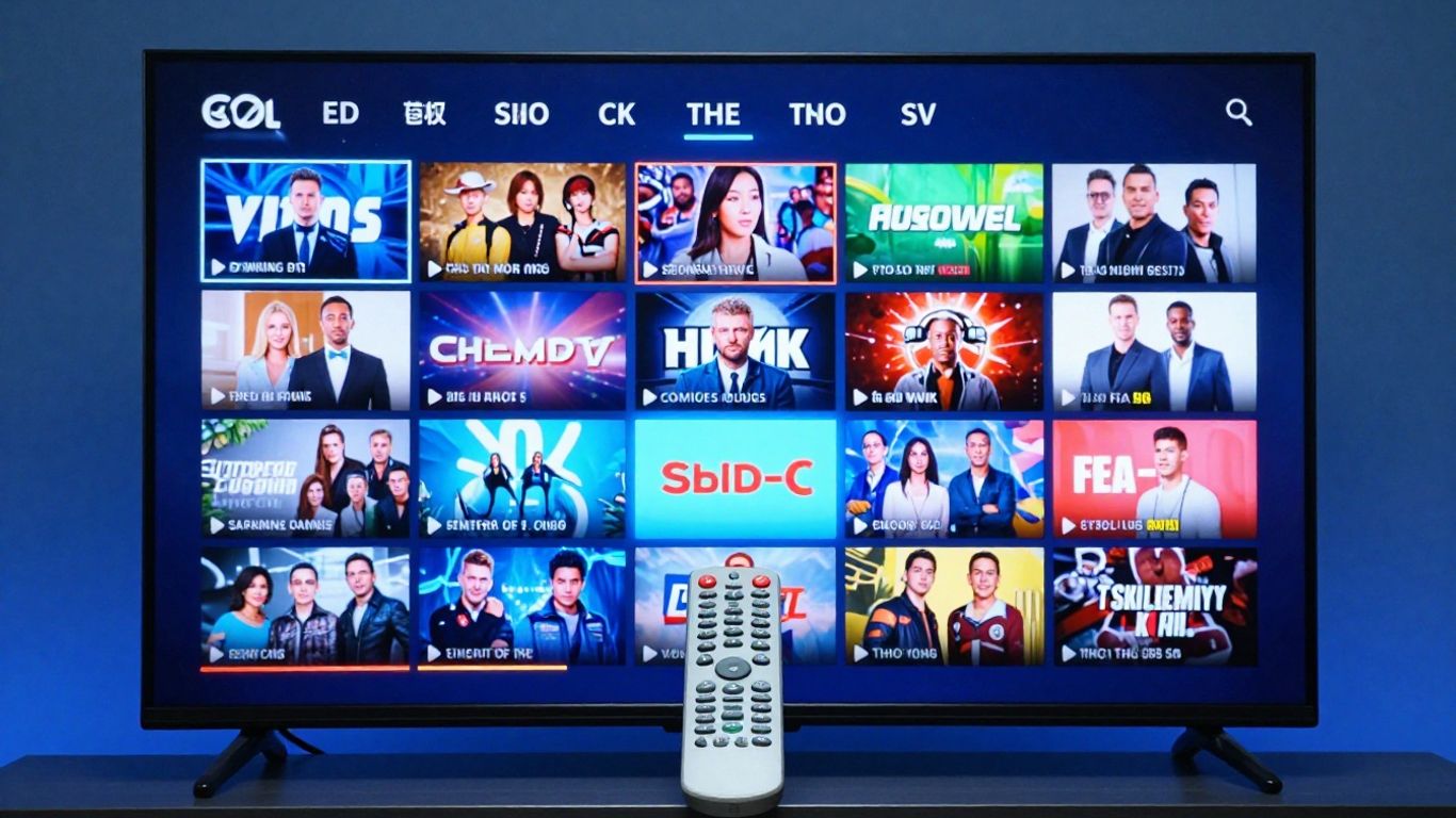 Modern TV screen with diverse channel logos and remote.