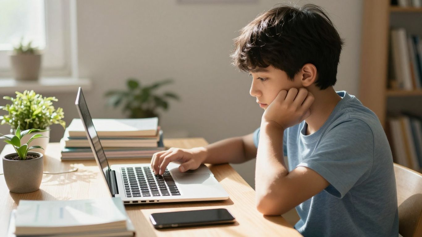 Student working on laptop with books and phone.